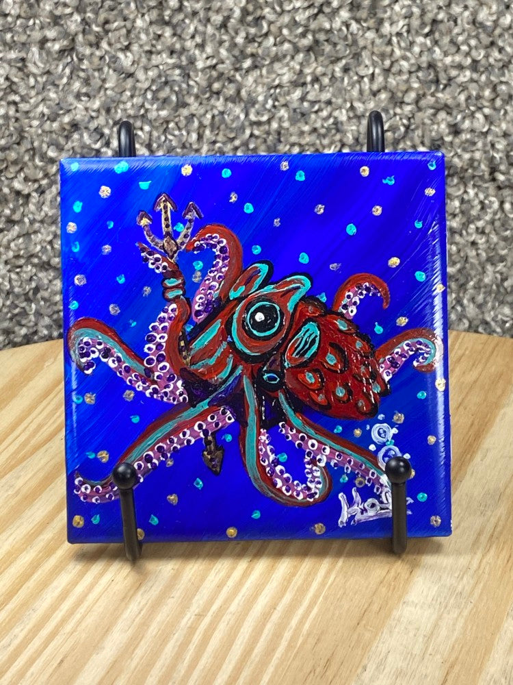 Red Octopus With Trident Tile