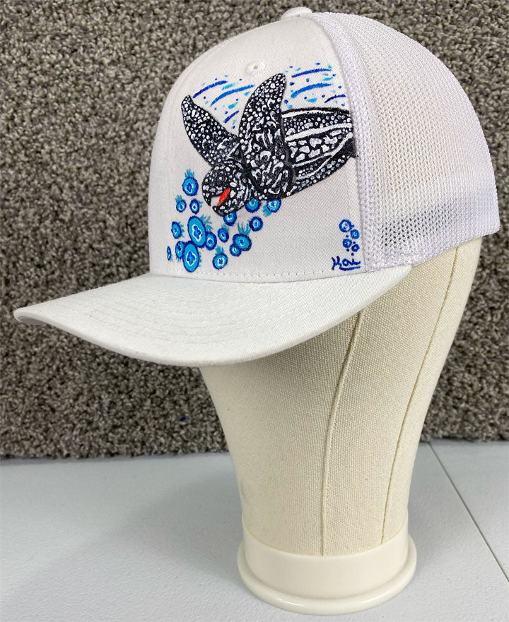 Leatherback Sea Turtle Hat, White, Original Hand Painted, FlexFit