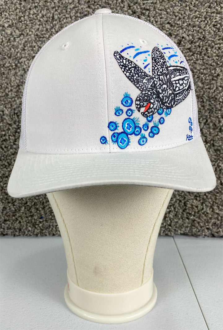 Leatherback Sea Turtle Hat, White, Original Hand Painted, FlexFit