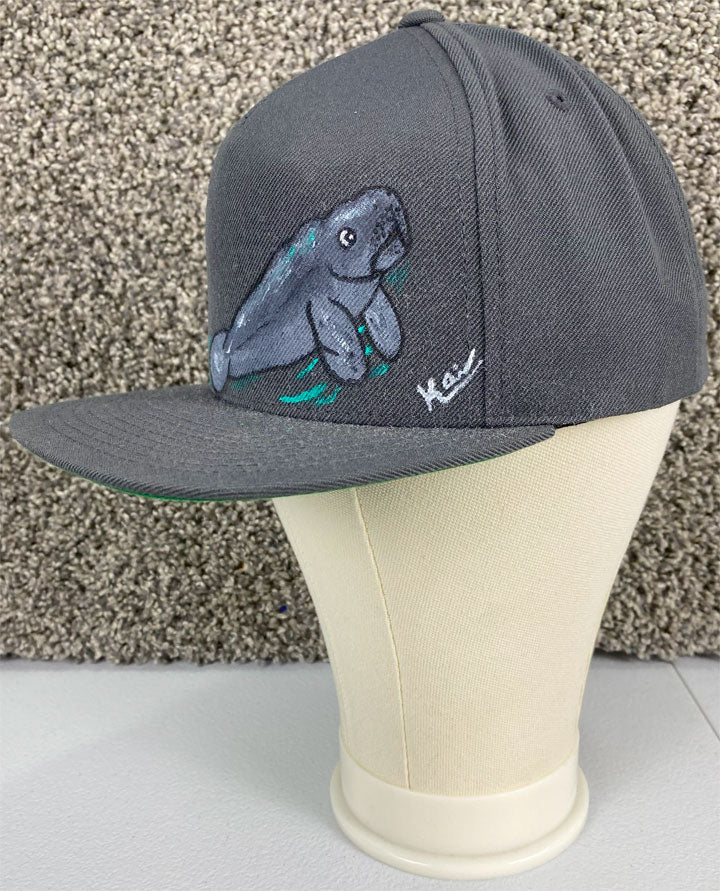 Manatee Hat, Gray, Original Hand Painted, Snapback