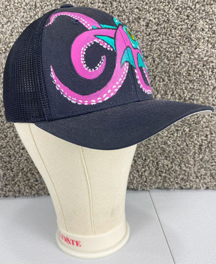 Pink Octopus Hat, White, Original Hand Painted, FlexFit