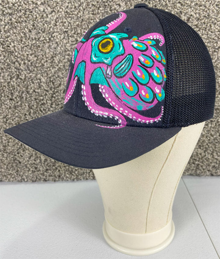 Pink Octopus Hat, White, Original Hand Painted, FlexFit