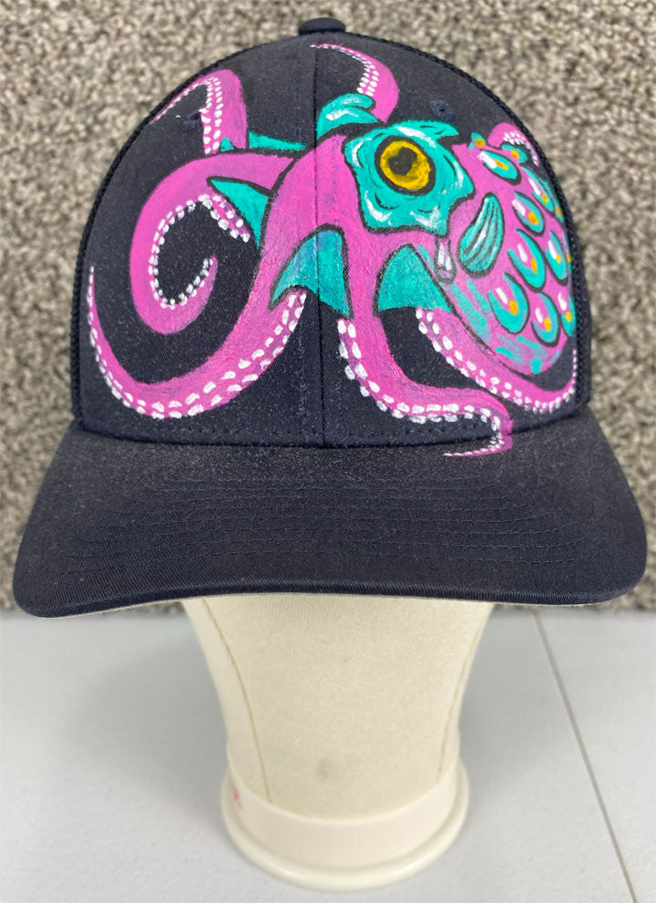 Pink Octopus Hat, White, Original Hand Painted, FlexFit