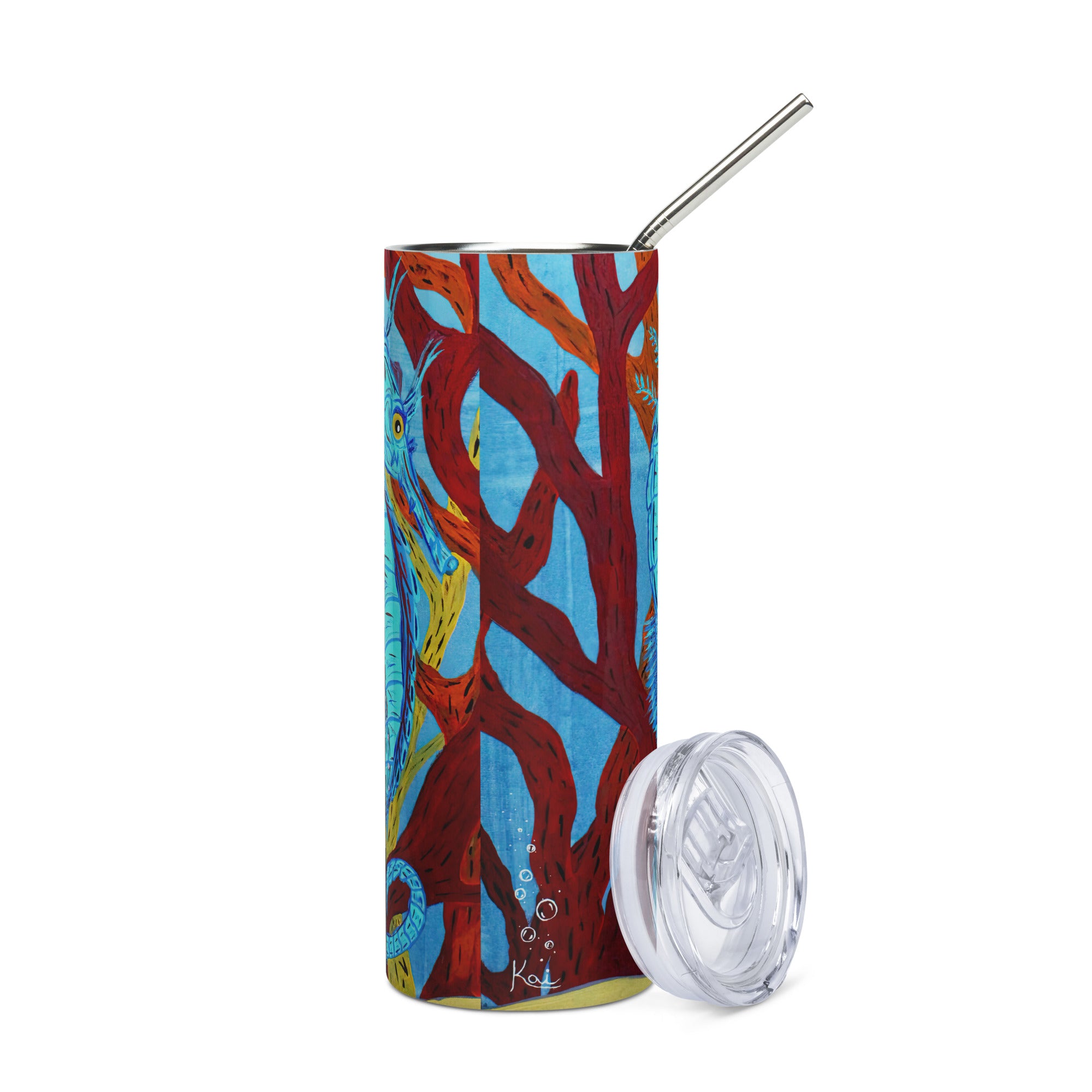 "Little Blue Sea Horse" By Kai Gentile Stainless Steel Tumbler