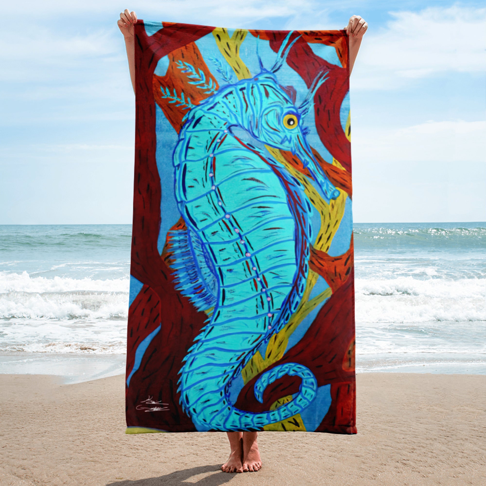 "Little Blue Sea Horse" By Kai Gentile Towel